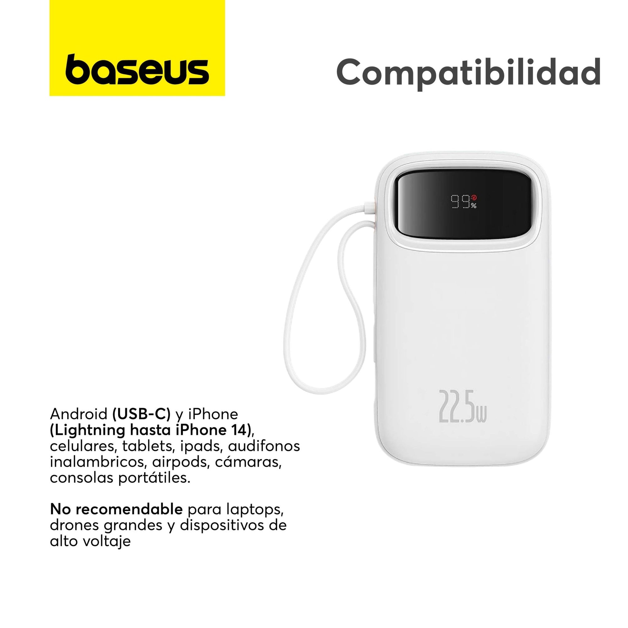 Power Bank Baseus Qpow2 con Pantalla Digital y Cables Lightning y Tipo - C Carga Rápida 10.000mAh 22.5W Blanco - Bestmart