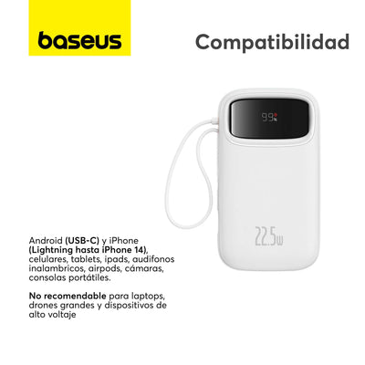 Power Bank Baseus Qpow2 con Pantalla Digital y Cables Lightning y Tipo - C Carga Rápida 10.000mAh 22.5W Blanco - Bestmart
