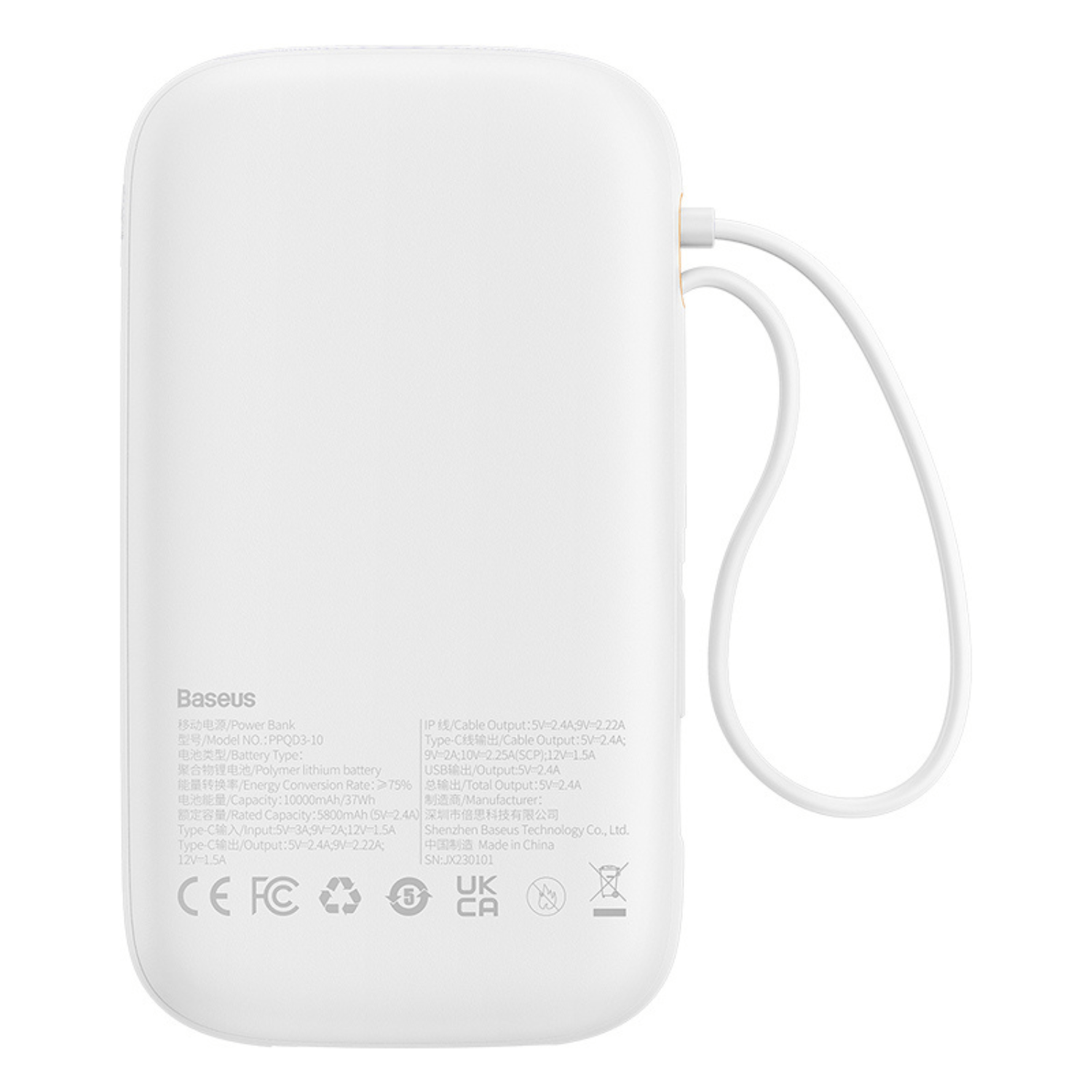 Power Bank Baseus Qpow2 con Pantalla Digital y Cables Lightning y Tipo - C Carga Rápida 10.000mAh 22.5W Blanco - Bestmart