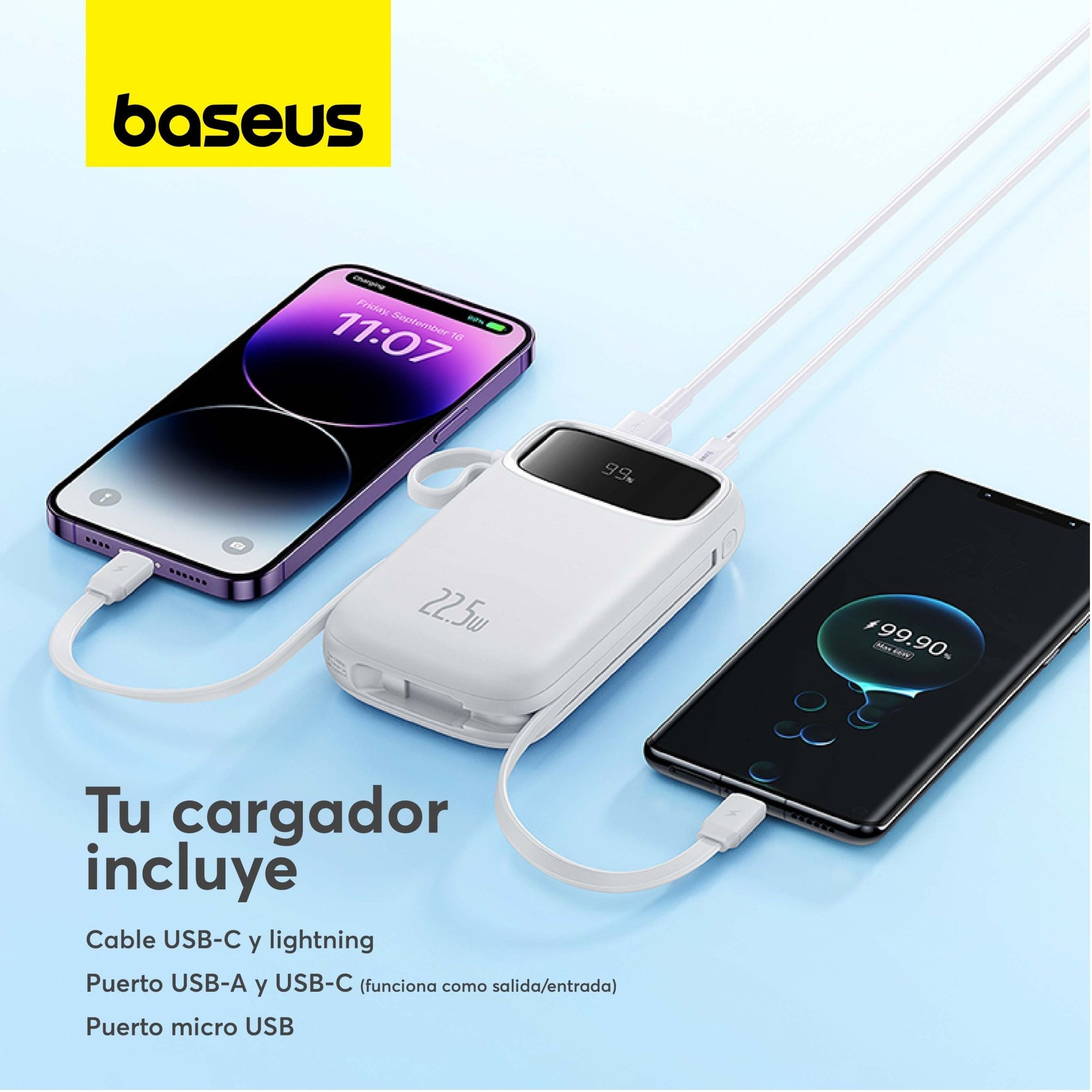 Power Bank Baseus Qpow2 con Pantalla Digital y Cables Lightning y Tipo - C Carga Rápida 10.000mAh 22.5W Blanco - Bestmart