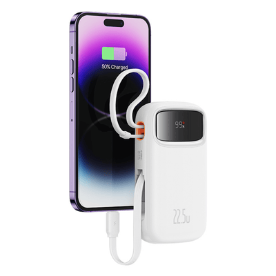 Power Bank Baseus Qpow2 con Pantalla Digital y Cables Lightning y Tipo - C Carga Rápida 10.000mAh 22.5W Blanco - Bestmart