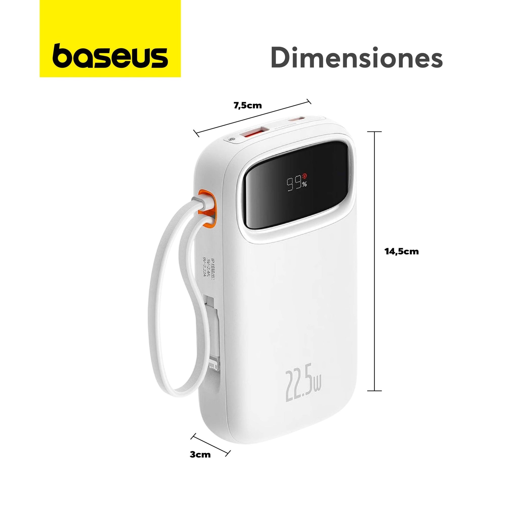Power Bank Baseus Qpow2 con Pantalla Digital y Cables Lightning y Tipo - C Carga Rápida 20.000mAh 22.5W Blanco - Bestmart
