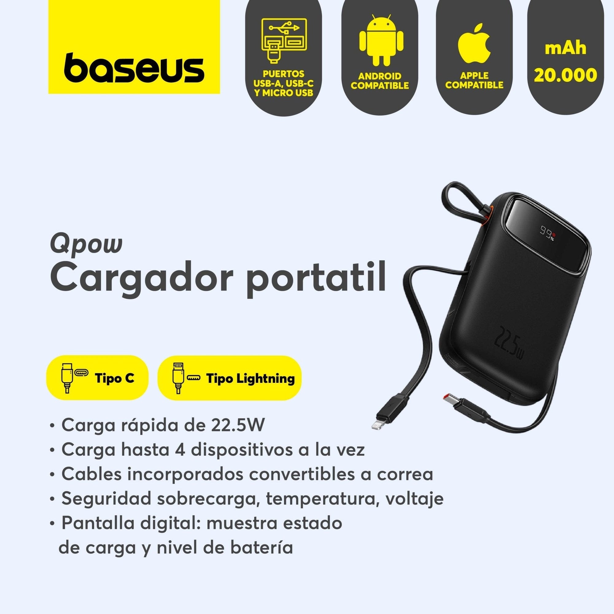 Power Bank Baseus Qpow2 con Pantalla Digital y Cables Lightning y USB-C Carga Rápida 10.000mAh 22.5W Negro (Open Box) - Bestmart