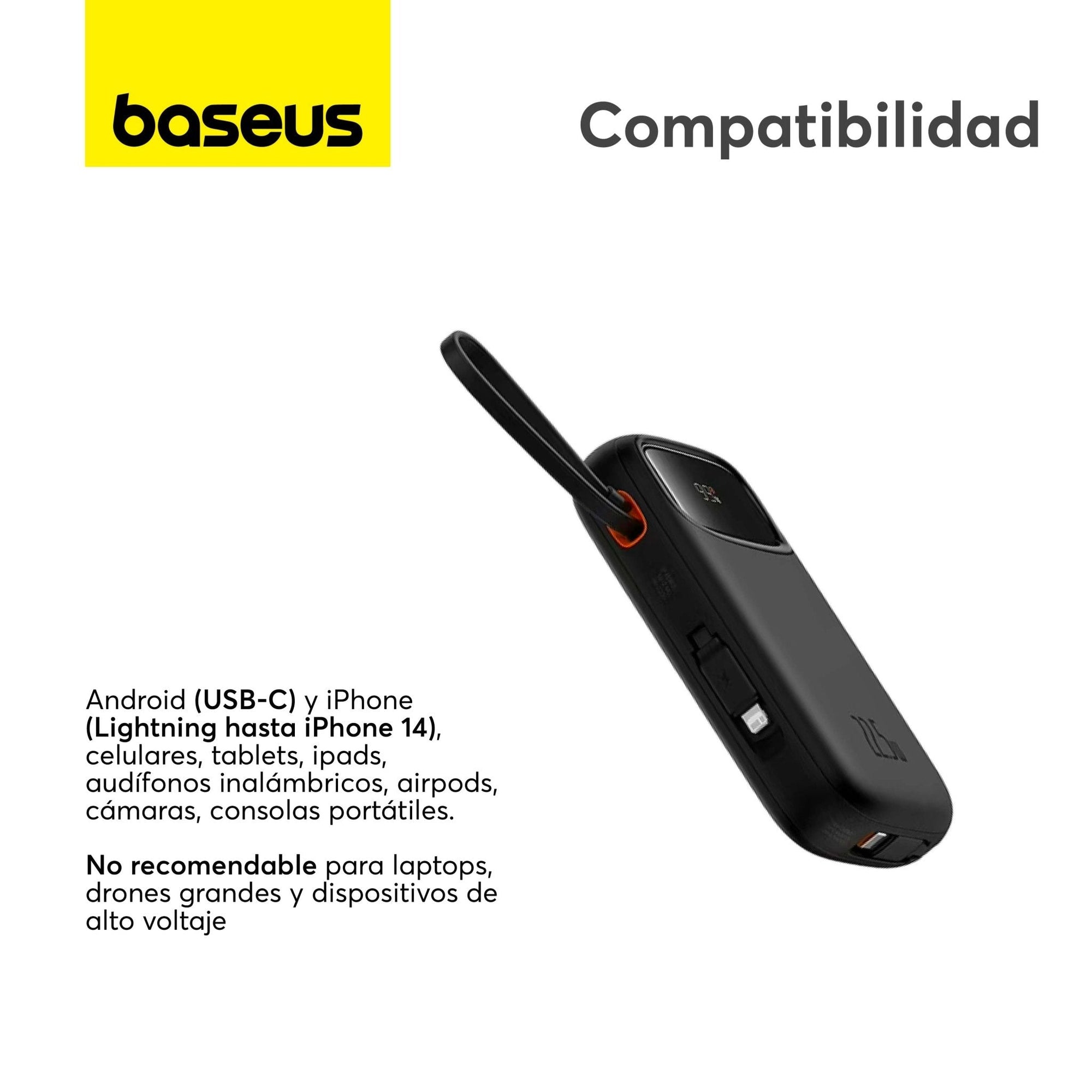 Power Bank Baseus Qpow2 con Pantalla Digital y Cables Lightning y USB-C Carga Rápida 10.000mAh 22.5W Negro (Open Box) - Bestmart