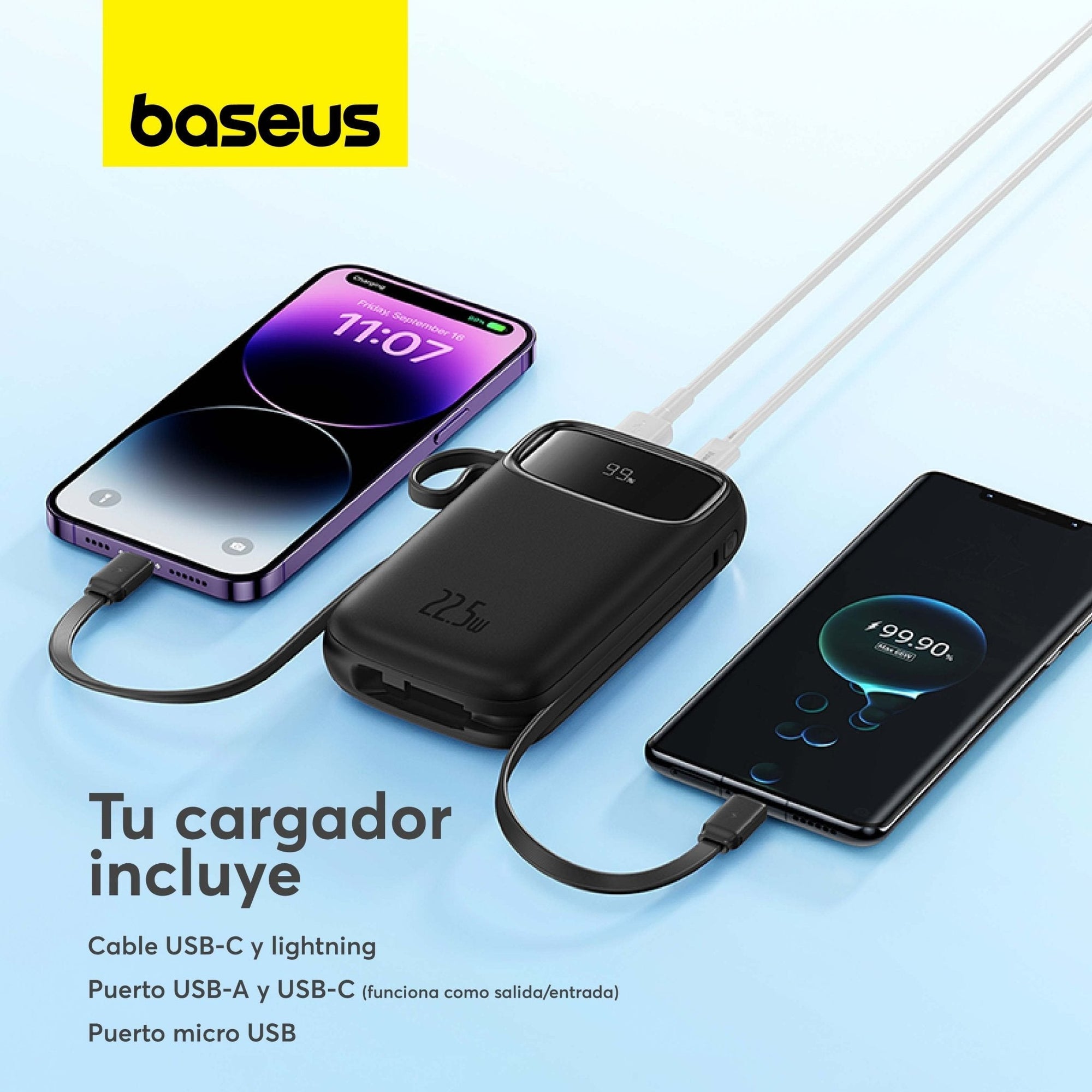 Power Bank Baseus Qpow2 con Pantalla Digital y Cables Lightning y USB-C Carga Rápida 10.000mAh 22.5W Negro (Open Box) - Bestmart