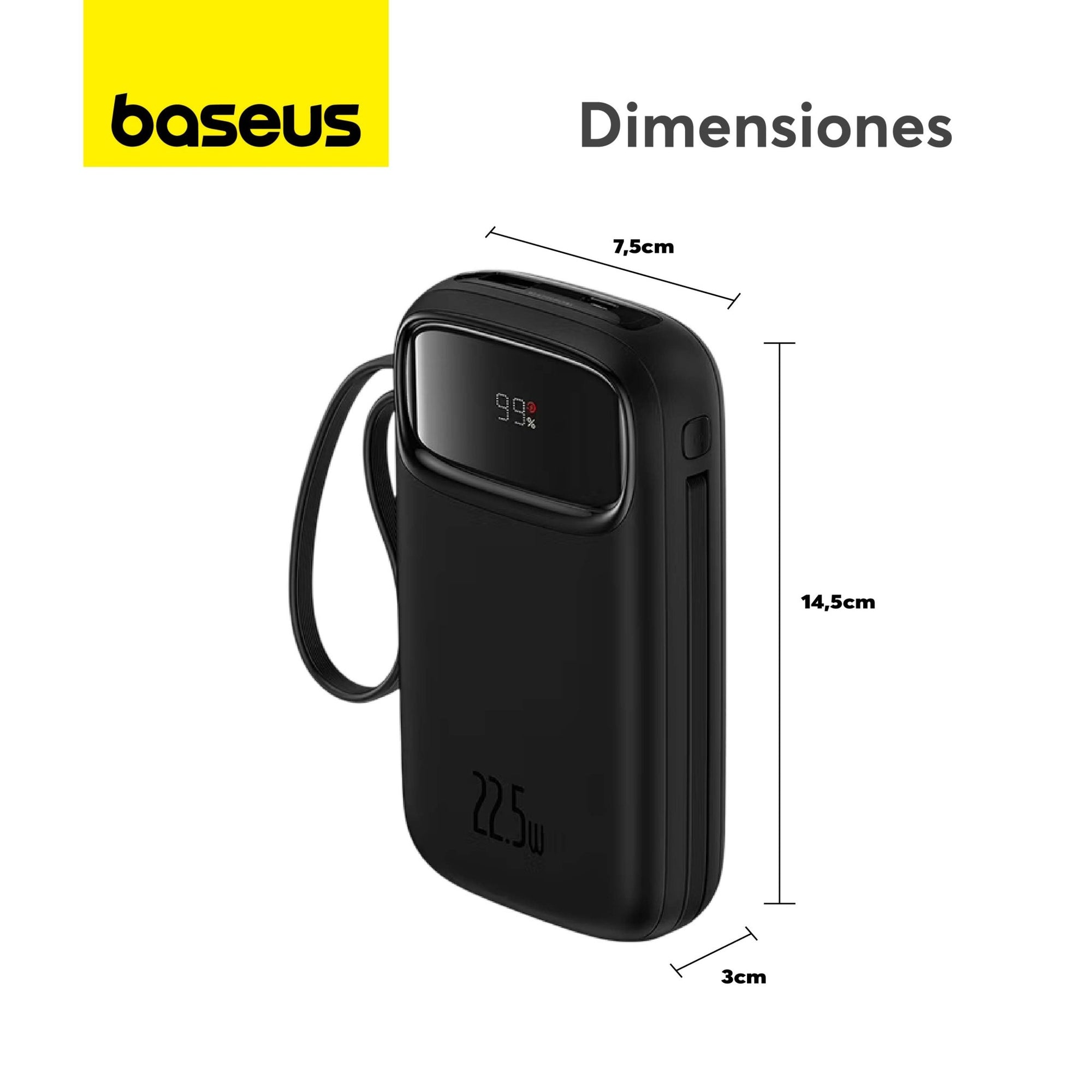 Power Bank Baseus Qpow2 con Pantalla Digital y Cables Lightning y USB - C Carga Rápida 20.000mAh 22.5W Negro - Bestmart