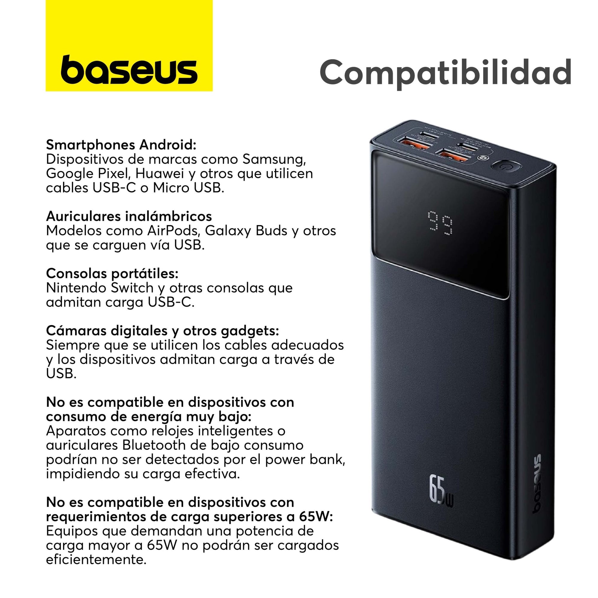 Power Bank Baseus Star - Lord compatible con Macbook Tablet - Carga Rápida 20.000mAh 65W - Negro - Bestmart