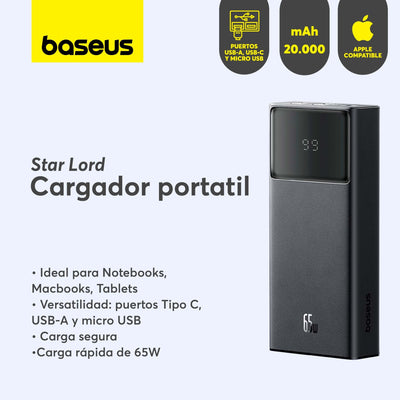 Power Bank Baseus Star - Lord compatible con Macbook Tablet - Carga Rápida 20.000mAh 65W - Negro - Bestmart