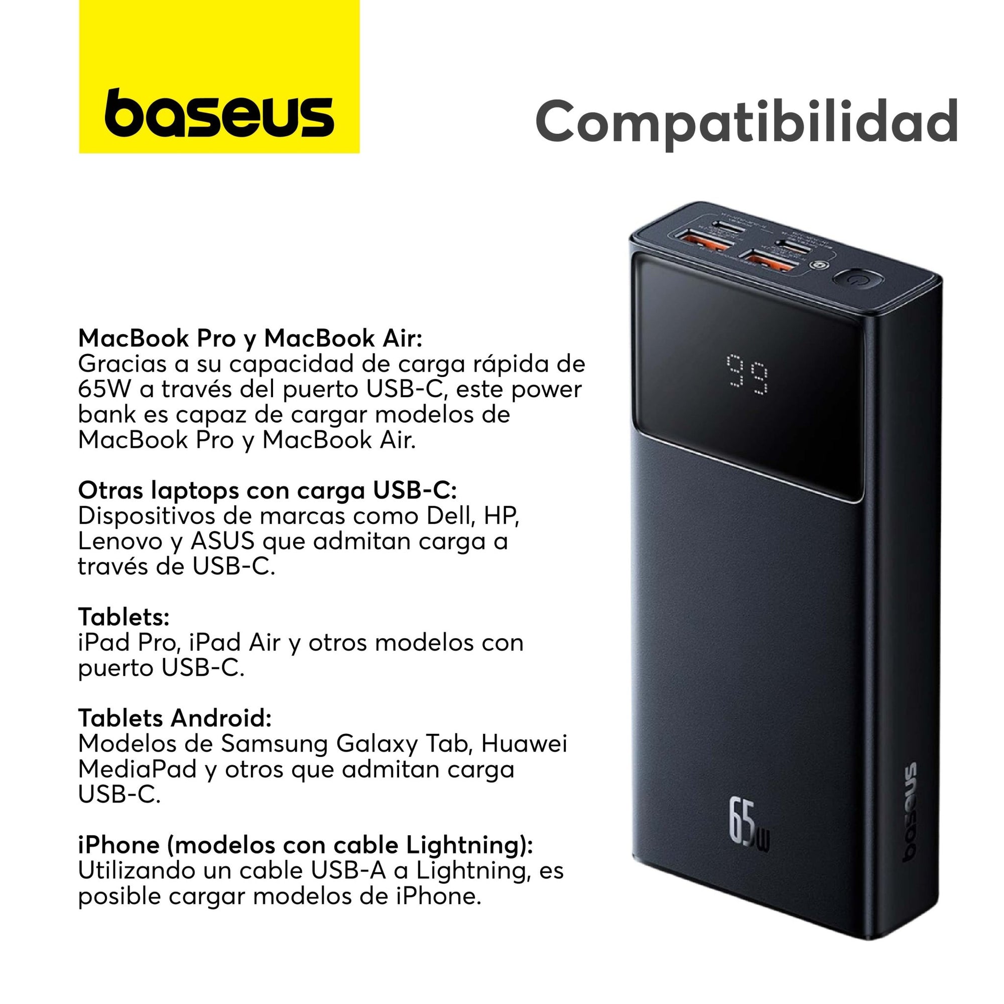 Power Bank Baseus Star - Lord compatible con Macbook Tablet - Carga Rápida 20.000mAh 65W - Negro - Bestmart