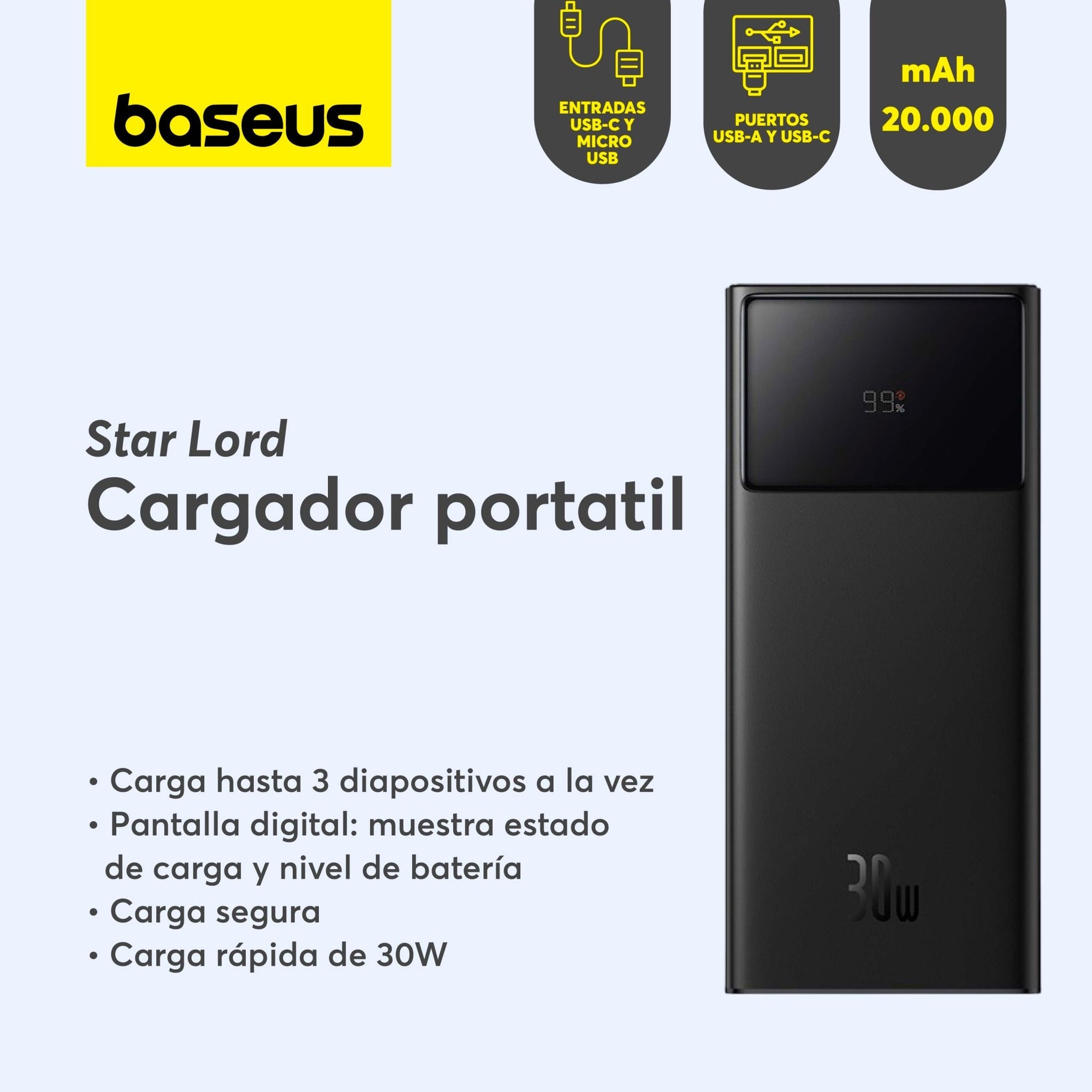 Power Bank Baseus Star - Lord con Pantalla Digital - Carga Rápida 20.000mAh 30W - Negro - Bestmart