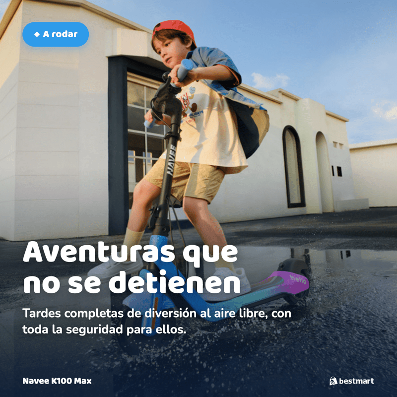Navee Scooter Eléctrico Infantil K100 Max Plegable Autonomía 24km Máx 16km/h 260W Luces RGB Parlante Bluetooth Control Parental 6-14 Años Azul