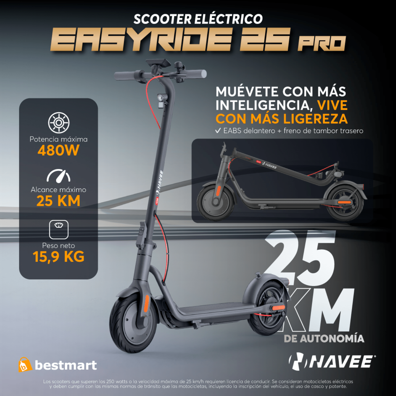 Scooter eléctrico Navee Easyride 25 Pro 480W Negro - Bestmart