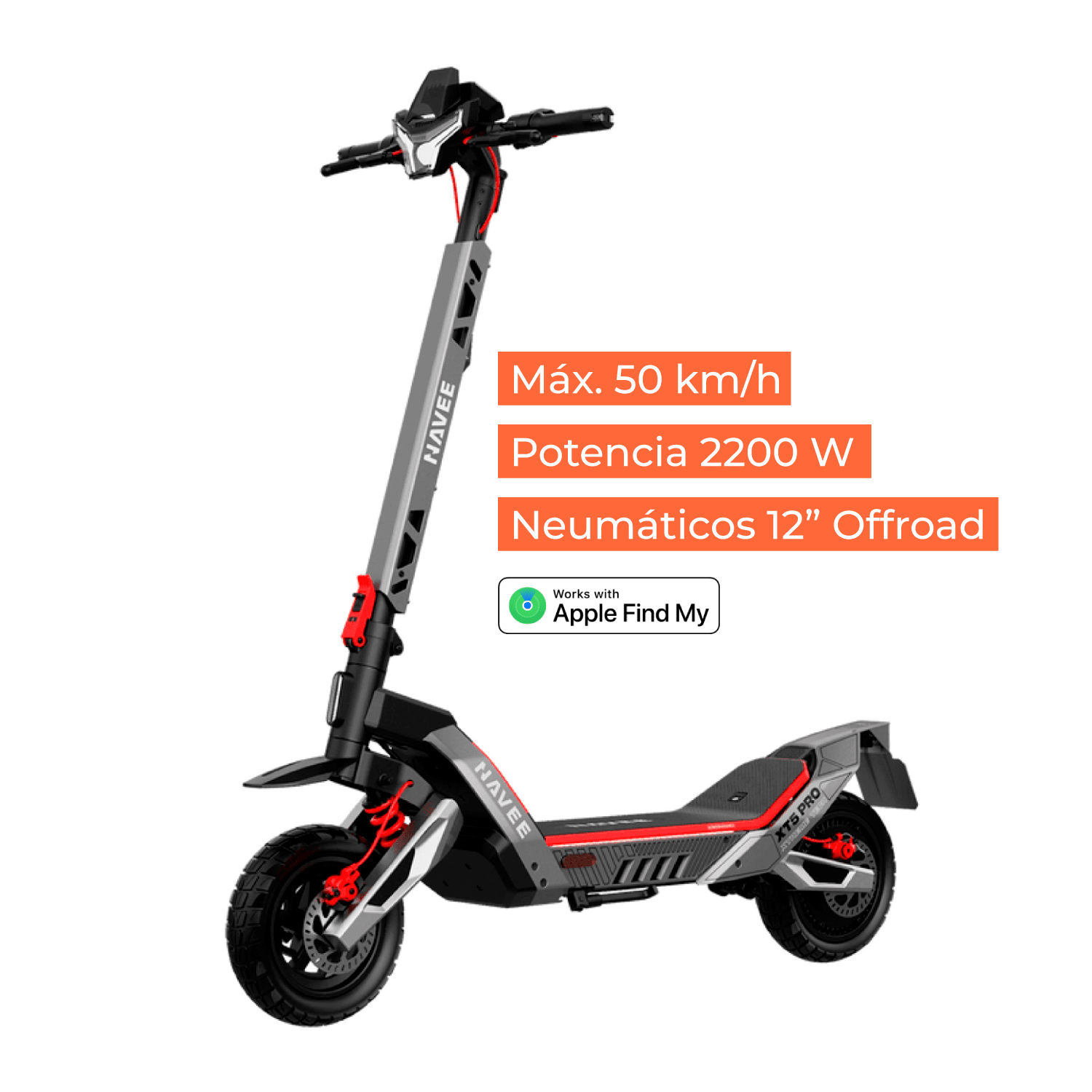 Scooter Eléctrico Navee XT5 Pro Todo terreno Plegable Autonomía 75km Máx 50km/h Neumáticos 12" 2200W Triple Freno Suspensión Doble IPX6 Negro - Bestmart
