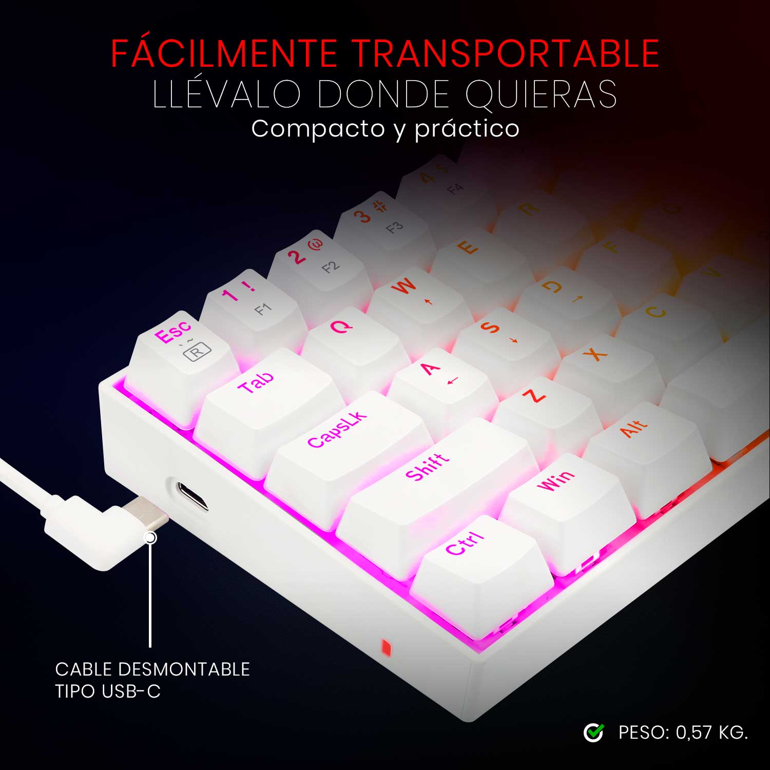 Teclado Mecánico Gamer Redragon Dragonborn K630W RGB Switch Brown - Compacto 60% - Blanco - Español - Bestmart
