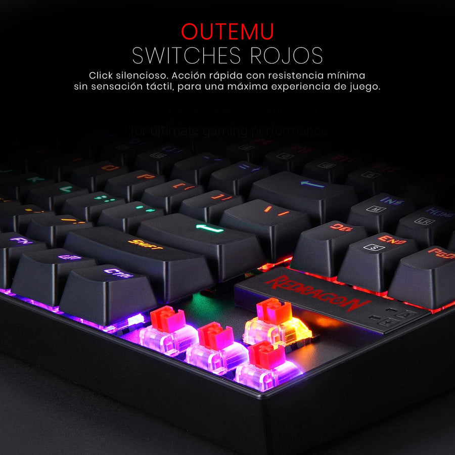 Teclado Mecánico Gamer Redragon Kumara K552 RGB Switch Red - Compacto 80% - Negro - Español