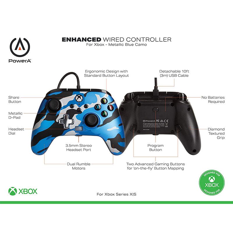 Control Xbox S/X PowerA Con Cable - Azul Metálico Camo - Bestmart