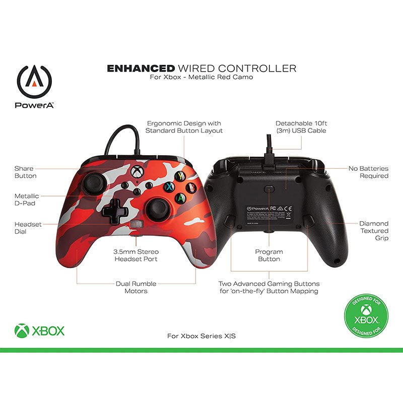 Control Xbox S/X PowerA Con Cable - Rojo Metálico Camo - Bestmart